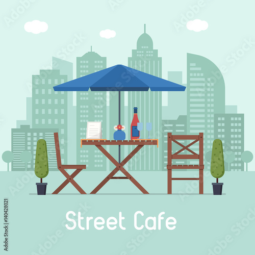 Summer outdoor cafe terrace with seats under parasol on modern city background. Street restaurant scene in flat design. Romantic dinner table for two with menu, wine bottle and glasses.