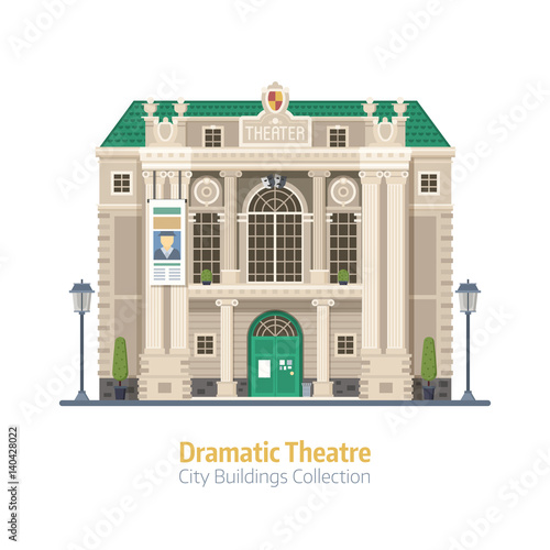 Dramatic theatre building isolated on white background. Music theater exterior vector illustration. City culture and entertainment landmark with historical monument facade.