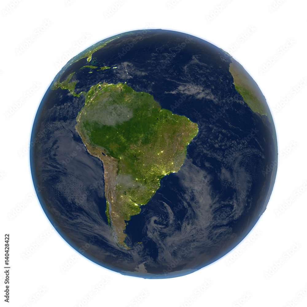 Fototapeta premium South America on Earth at night isolated on white