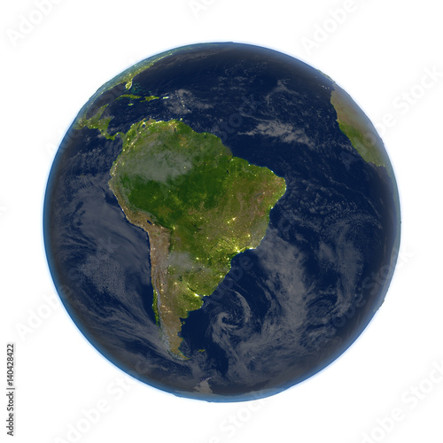 South America on Earth at night isolated on white