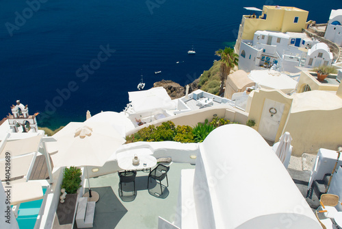 Architecture of island of Santorini, the most romantic island in the world, Greece. Travel to Greece. Beautiful white exterior Santorini. 