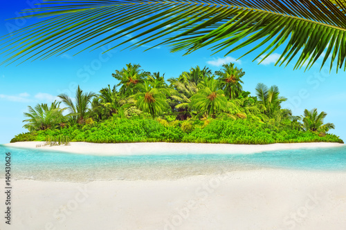 Fototapeta Naklejka Na Ścianę i Meble -  Whole tropical island within atoll in Indian Ocean and blank  sand on a tropical island.