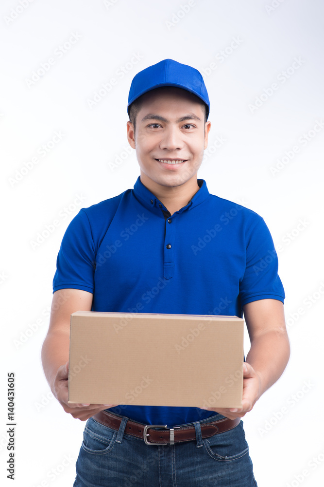 Delivery Person. Asian postman with parcel box. Postal delivery service. White Background. Delivery Person. Asian postman with parcel box. Postal delivery service. White Background.