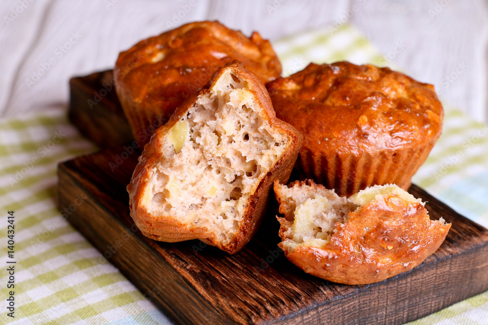 Healthy vegan oat muffins, apple and banana cakes