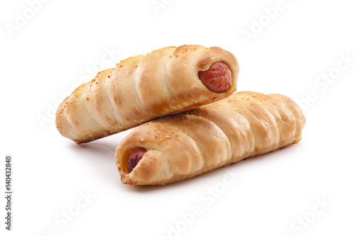 Canvas Print Hot Dog in puff pastry sausage rolls on white