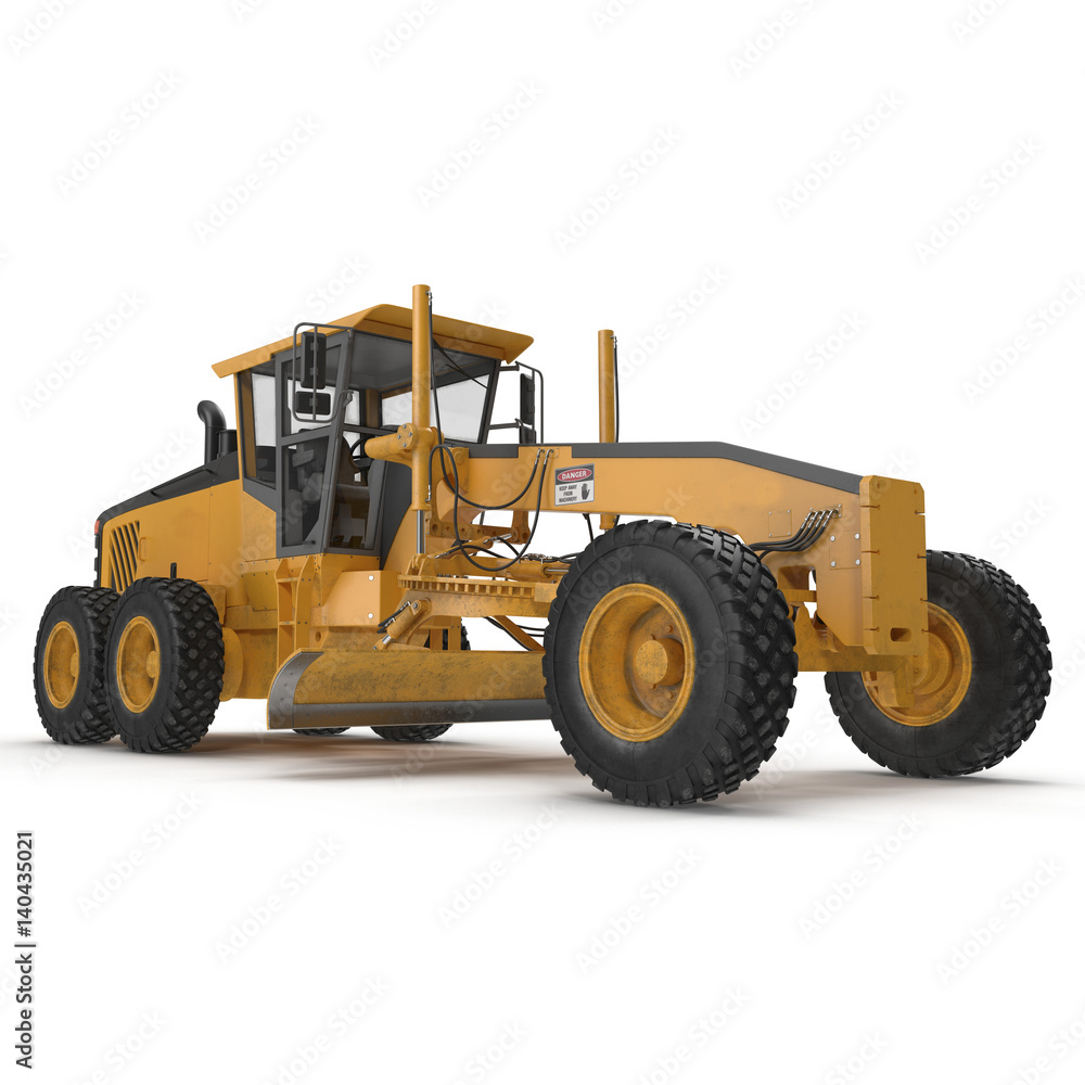 Modern three-axle road grader isolated on a white. 3D illustration