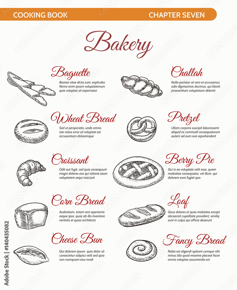 Bakeries sketch, bread types drawing sketch for healthy restaurant baking menu. Hand drawn bakery cooking book page vector template