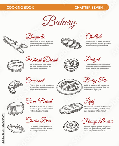 Bakeries sketch, bread types drawing sketch for healthy restaurant baking menu. Hand drawn bakery cooking book page vector template