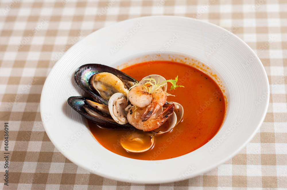 Bouillabaisse fish soup with prawn, mussel and clam