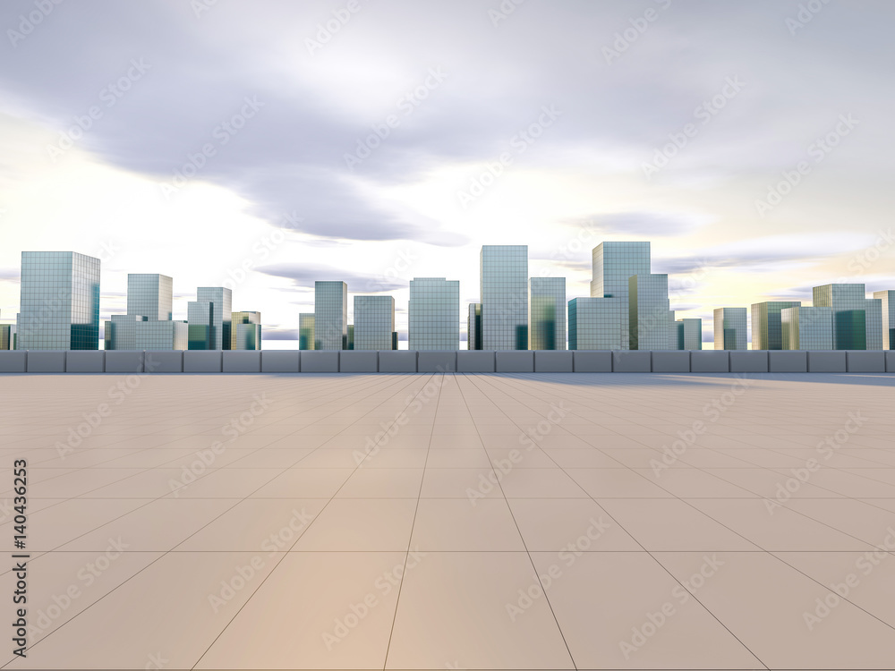 Panoramic skyline and buildings with empty square floor. 3D rendering