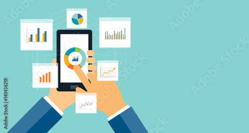 flat business analytics graph on mobile device and finance investment planning background
