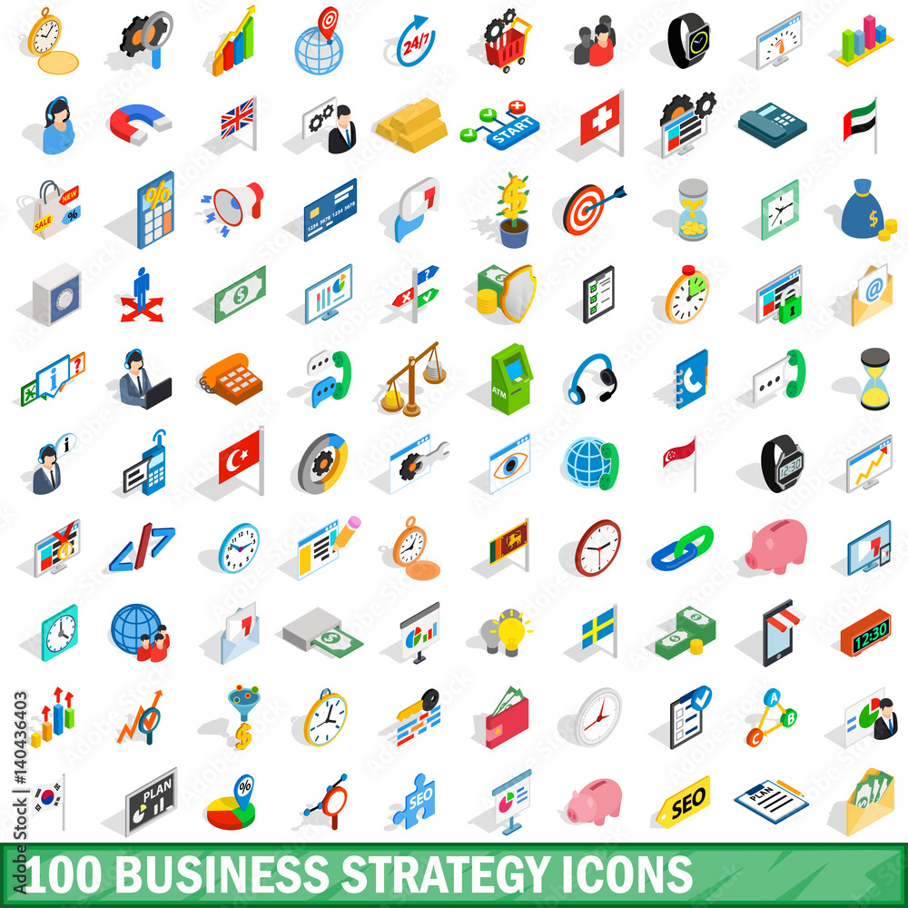 100 business strategy icons set, isometric style 100 business strategy icons set, isometric style