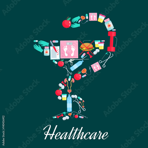 Medical bowl and snake vector poster for dietetics