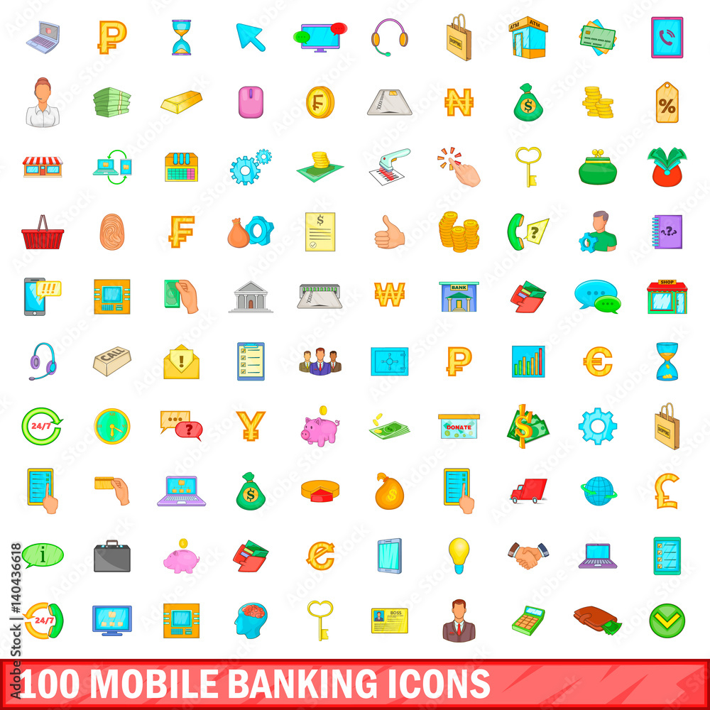 100 mobile banking icons set, cartoon style 100 mobile banking icons set, cartoon style