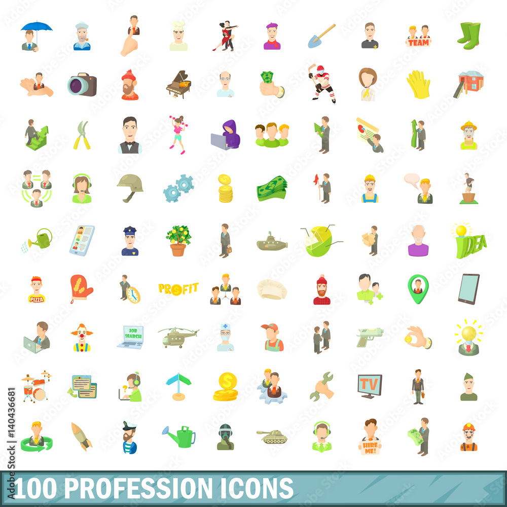 100 profession icons set, cartoon style