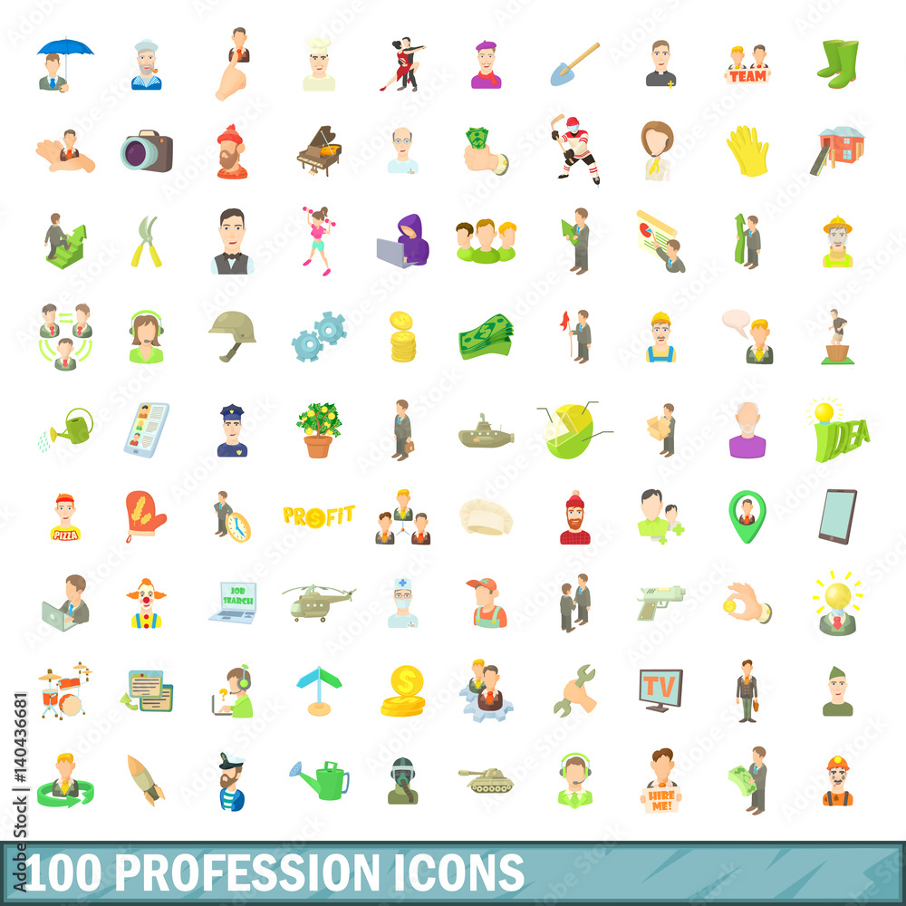 100 profession icons set, cartoon style 100 profession icons set, cartoon style