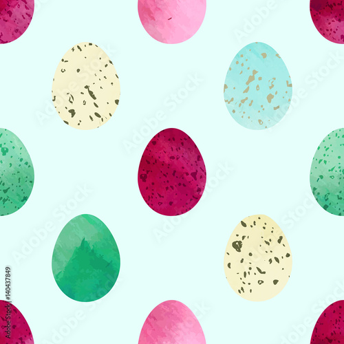 Bright festive Easter eggs seamless vector pattern. Gouache or watercolor painting textured eggs on solid green-grey background. Beige, blue, green, purple and pink colors.