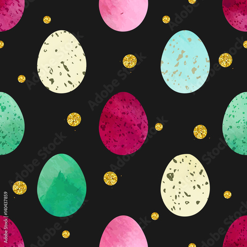 Bright festive Easter eggs seamless vector pattern. Gouache or watercolor painting textured eggs on solid green-grey background. Beige, blue, green, purple and pink colors.