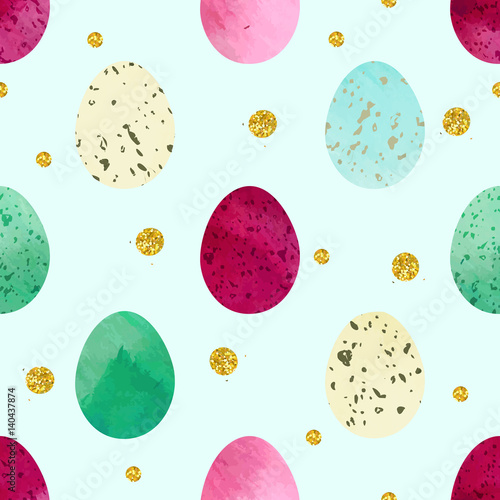 Bright festive Easter eggs seamless vector pattern. Gouache or watercolor painting textured eggs on solid green-grey background. Beige, blue, green, purple and pink colors.