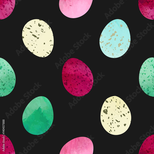 Bright festive Easter eggs seamless vector pattern. Gouache or watercolor painting textured eggs on solid green-grey background. Beige, blue, green, purple and pink colors.