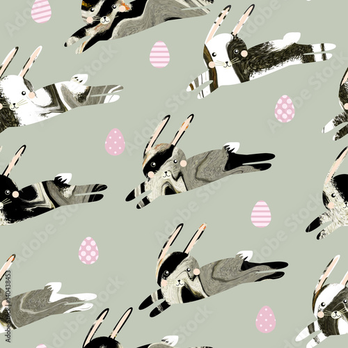 Easter seamless pattern. Running rabbits (hare) with natural marble or animal fur (skin, hide, wool) vector texture and painted eggs on solid grey background.