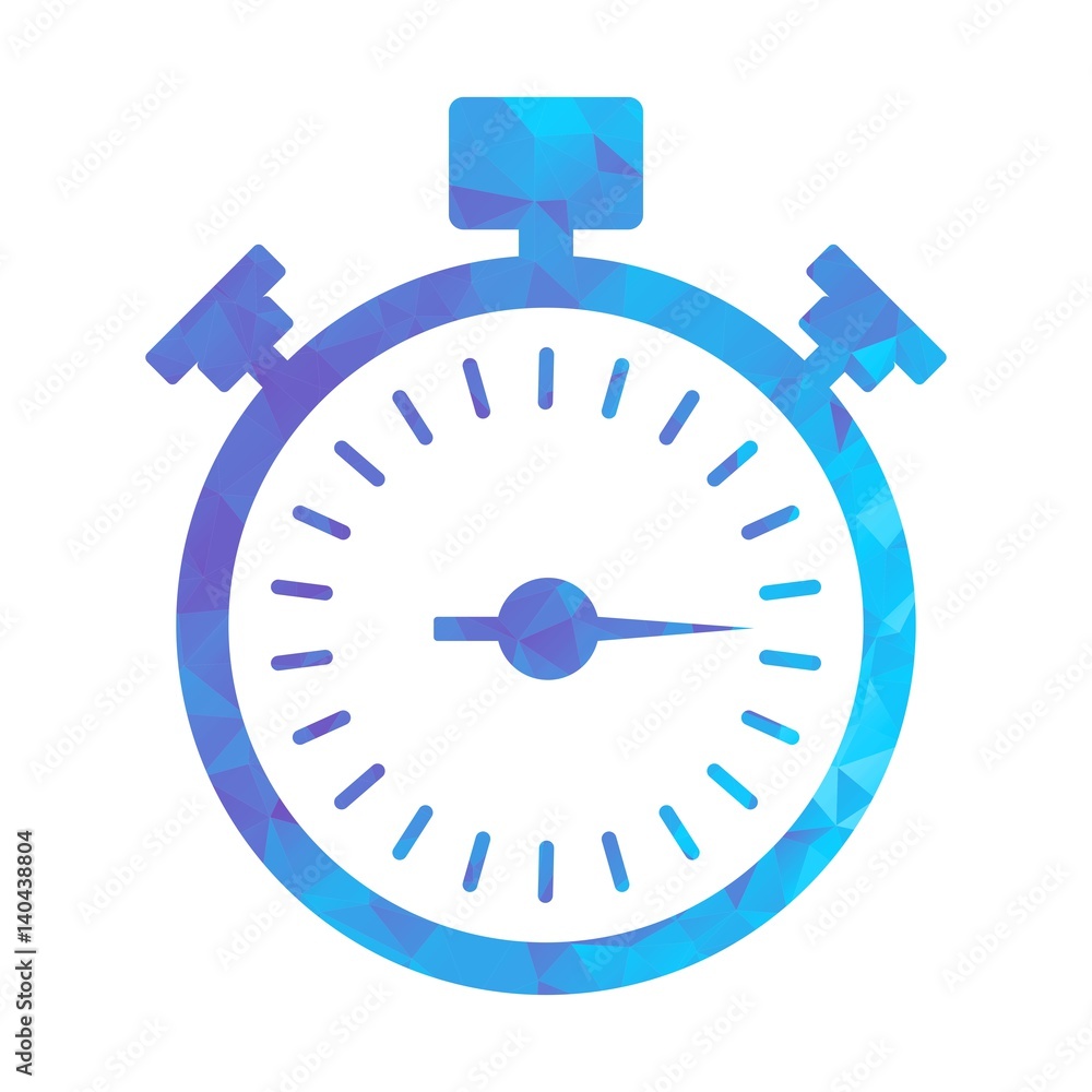 Blue modern polygonal icon for business. Triangle stopwatch. Flat vector cartoon illustration. Objects isolated on a white background.