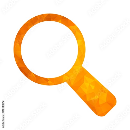 Gold modern polygonal icon for business. Triangle magnifier. Flat vector cartoon illustration. Objects isolated on a white background.