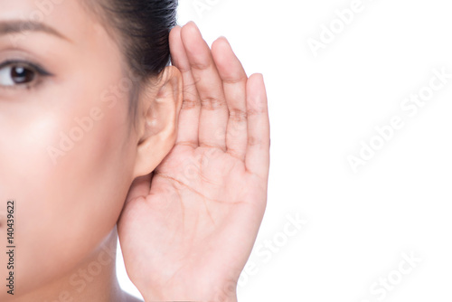 Woman with hearing loss or hard of hearing photo