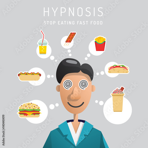 The man treated with hypnosis from the excessive consumption of food. Vector illustration in flat cartoon style, depicting a patient under hypnosis and thoughts about food.