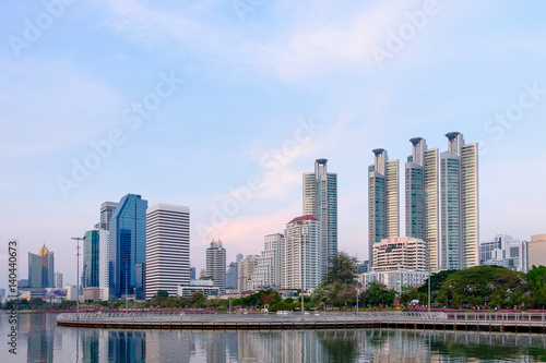 Cityscape  office buildings and apartments in Thailand at dusk
