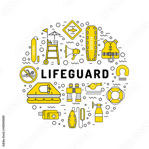 Vector outline icons of lifeguard equipment, hat helps save the lives of drowning people. Elements of equipment of the rescuer and rescue station