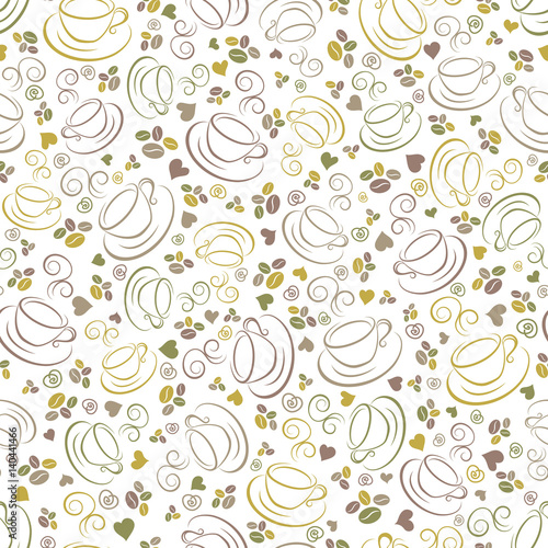 Seamless background with cups and coffee beans. Food and drink pattern. Vector illustration. Wallpaper, print packaging, textiles.