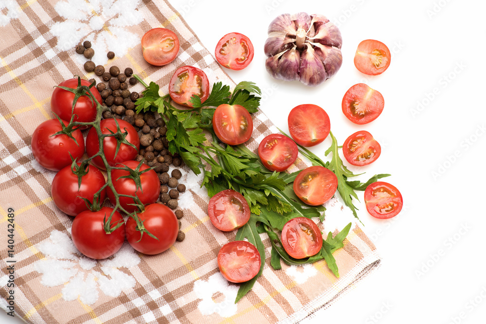 fresh vegetable, arugula, parsley, allspice, cherry tomato and garlic fresh vegetable, arugula, parsley, allspice, cherry tomato and garlic
