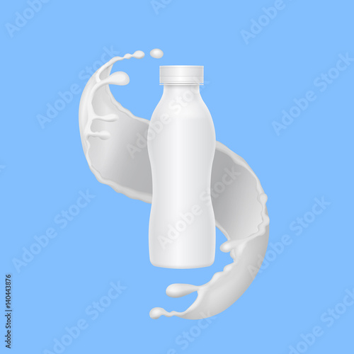 Vector realistic mock up bottle of yogurt and milk splash on blue background