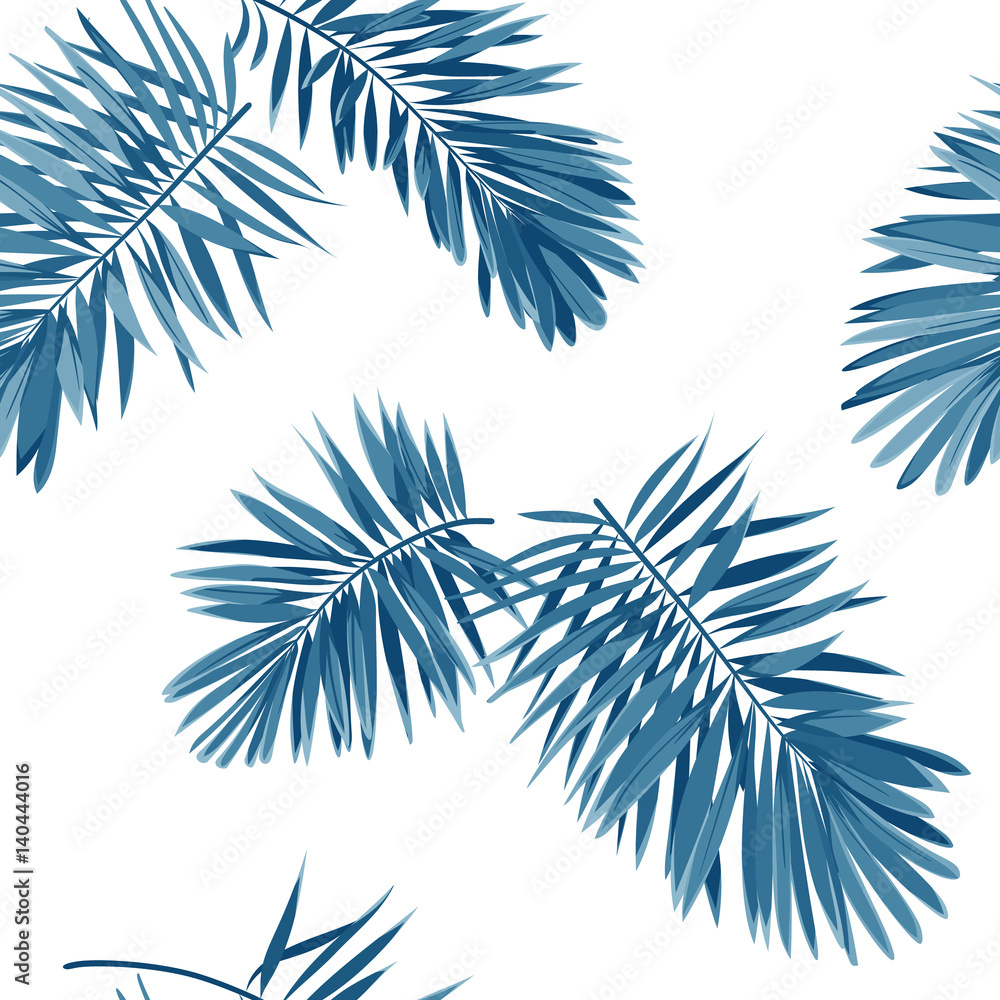 Fototapeta premium Seamless vector indigo blue pattern with monstera palm leaves on dark background. Summer tropical fabric design.