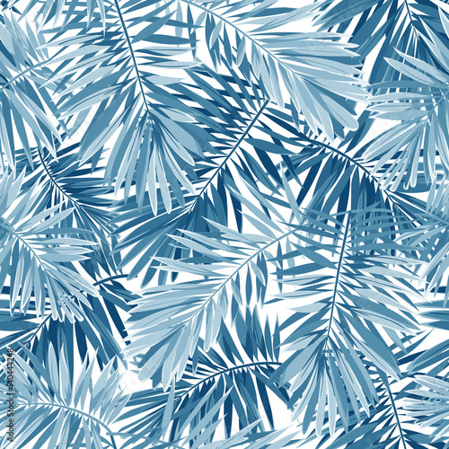 Indigo vector seamless pattern with monstera palm leaves on dark background. Summer tropical camouflage fabric design.