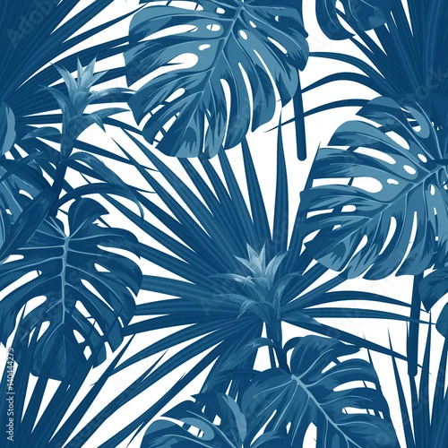 Tapety Niebieski denimowy wzór kwiatowy z egzotycznymi roślinami i liśćmi palmowymi monstera. Projekt bez szwu tropikalny tkanina wektor.