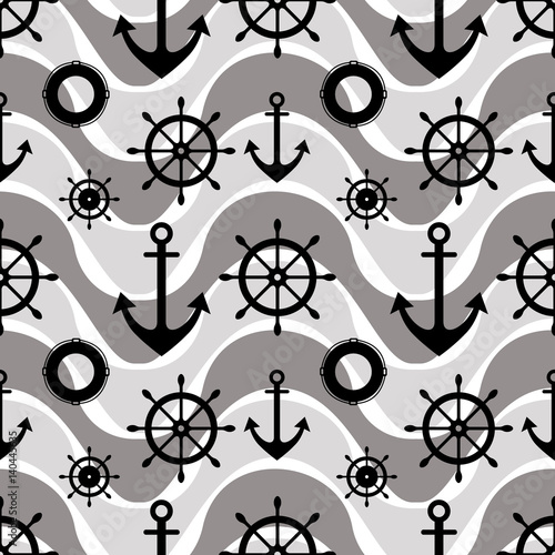 Vector seamless pattern with anchor, steering wheel. Symmetrical background, nautical theme. Graphic illustration. Template for wrapping, backgrounds, fabric, prints, decor, surface