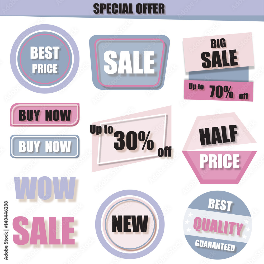 Set of sale, buy now, new, half price banner in purple, pink and cream pastel style.