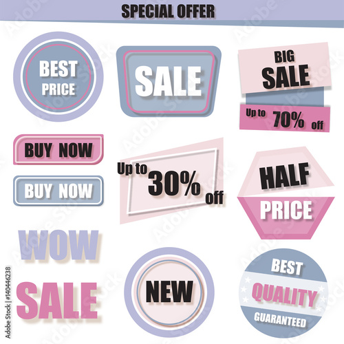 Set of sale  buy now  new  half price banner in purple  pink and cream pastel style.