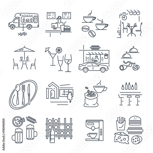 set of thin line icons cafe, bar, restaurant, fast food