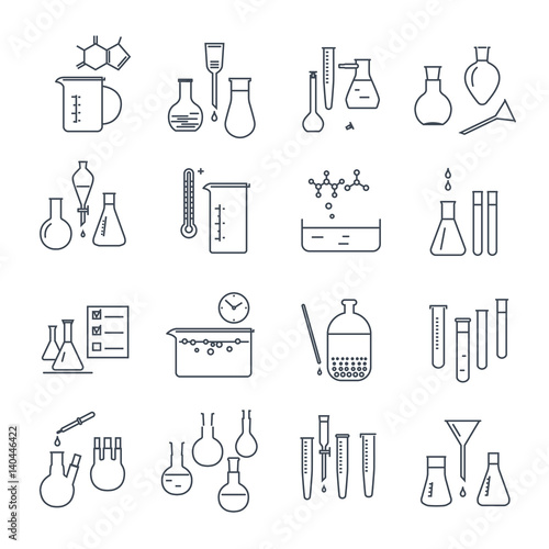 set of thin line icons chemical laboratory equipment and flask