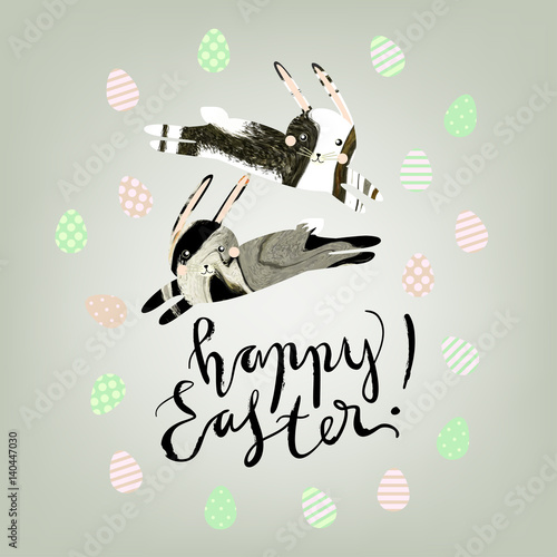 Easter festive illustration. Running rabbits (hare) with natural marble or animal fur (skin, hide, wool) vector texture and painted eggs on solid grey background. Hand written lettering.
