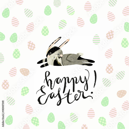 Easter festive illustration. Running rabbits (hare) with natural marble or animal fur (skin, hide, wool) vector texture and painted eggs on solid grey background. Hand written lettering.