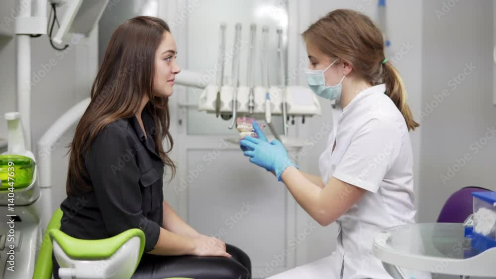 Doctor is holding in hands a dental model closeup. Dentist shows a ...