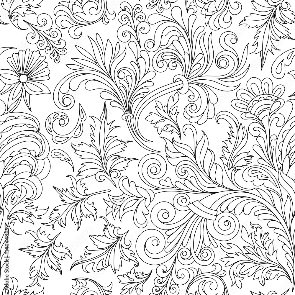 Decorative vintage flowers seamless pattern. Good for coloring book for adult and older children. Coloring page. Outline drawing. Vector illustration.