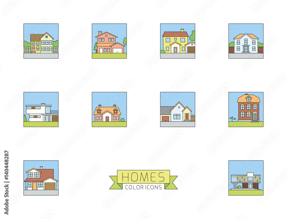Homes. Residential Houses Square Color Line Icons Homes. Residential Houses Square Color Line Icons