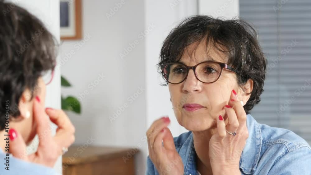 mature woman checking her face in mirror mature woman checking her face in mirror