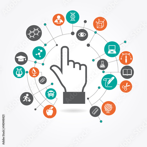 creative Hand cursor icon with school icons set illustration