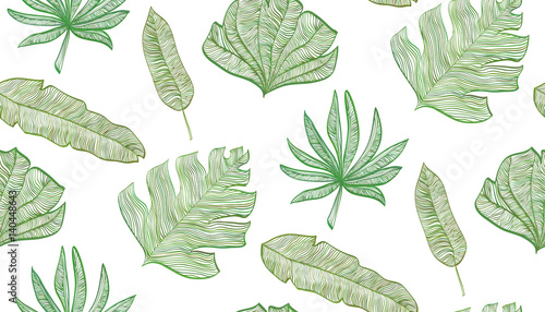 Tropical stylized leaves with handdrawn wavy texture seamless pattern